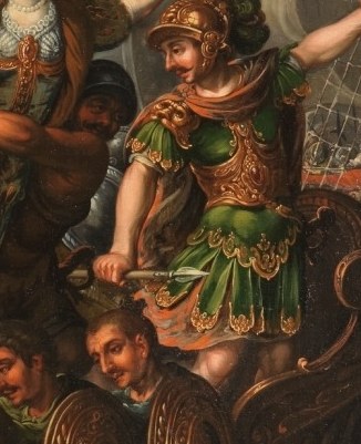 This figure's prominent position and armor suggest leadership or a key role in the abduction.