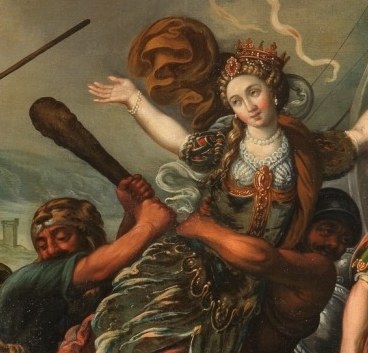 Her determined expression and raised spear suggest agency and defiance amidst the chaos.