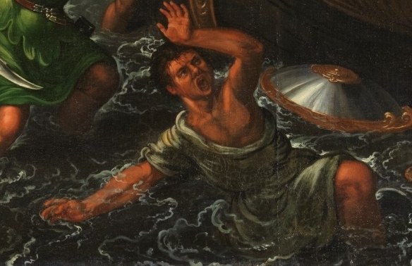 The churning water is a careful buildup of light and dark paint.