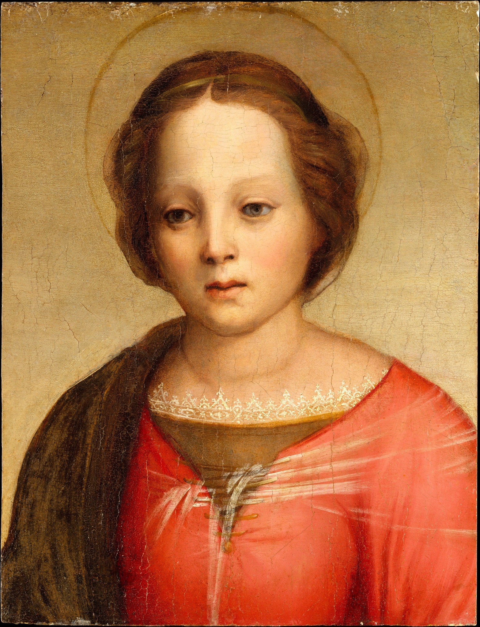 The neutral, aged background allows the figure of the Madonna to dominate the composition, focusing all attention on her.
