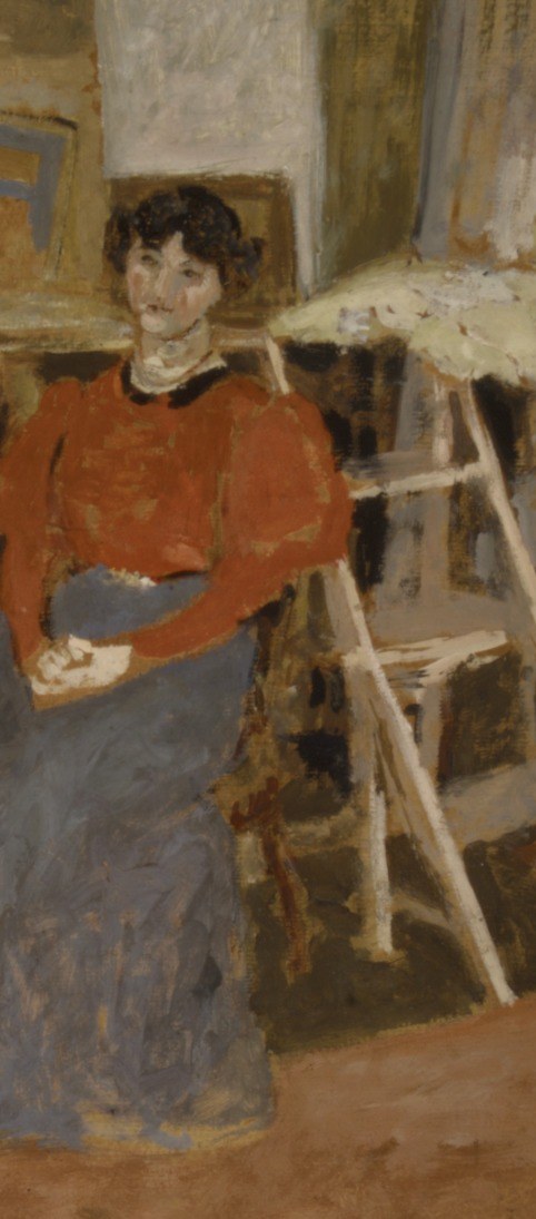 A wooden easel leans right behind her.