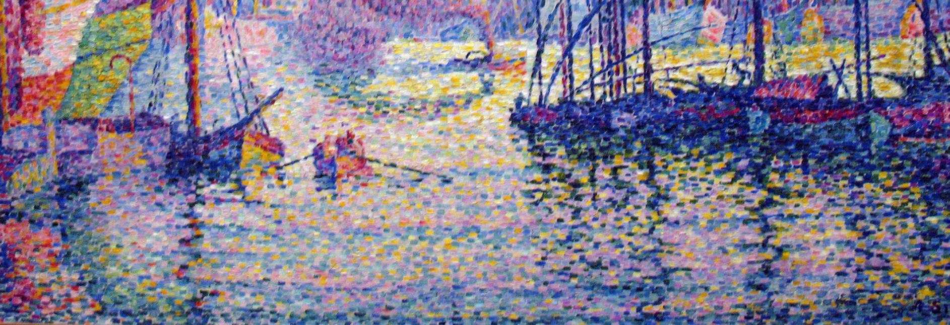Horizontal bands of pink, gold, mauve, and green pointillist dots on gently rippled water , Signac's purest optical color-mixing in the canvas; the sky's palette reprinted in liquid form