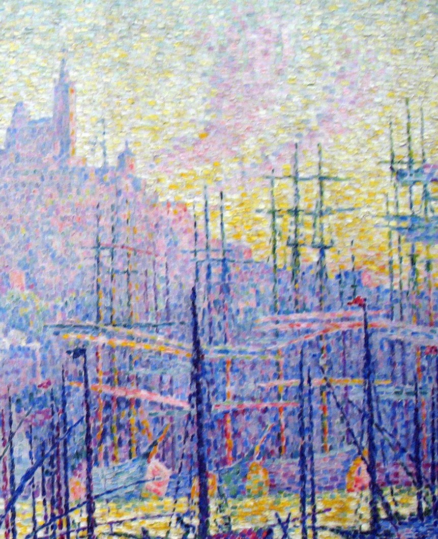 A thicket of blue-purple verticals and diagonals dissolves into near-abstract rhythm; documents Marseilles as a major commercial port in 1905, its fleet still dominated by sail