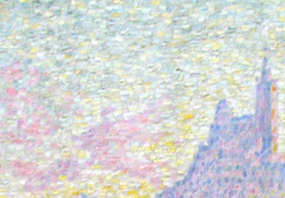 The 'Good Mother' of Marseilles seamen rendered in blue-violet haze , its Romanesque-Byzantine towers are legible despite pointillist dissolution, anchoring the entire composition's spiritual axis