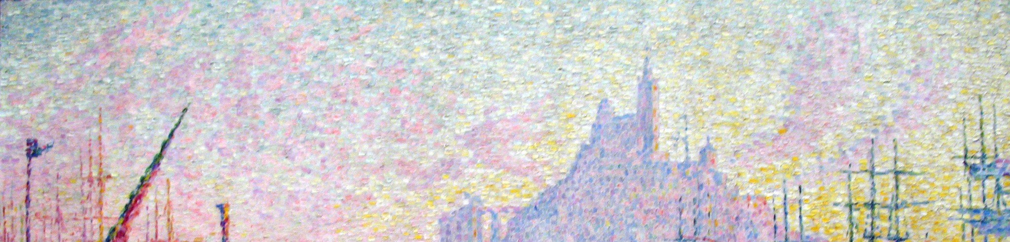 Signac's chromatic engine: dots of unmixed complementary pigments optically blend at distance into warm Mediterranean haze; zoom in and the individual strokes reveal the Neo-Impressionist method in full