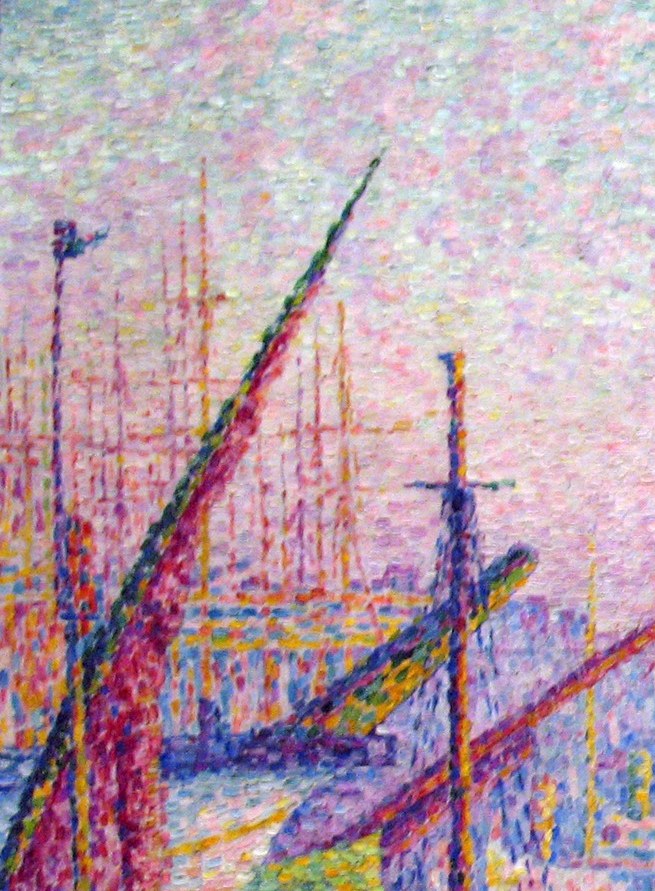 The painting's most assertive compositional element: a warm diagonal slash cutting across the cool harbor blues, creating dynamic tension and pulling the eye toward the church beyond
