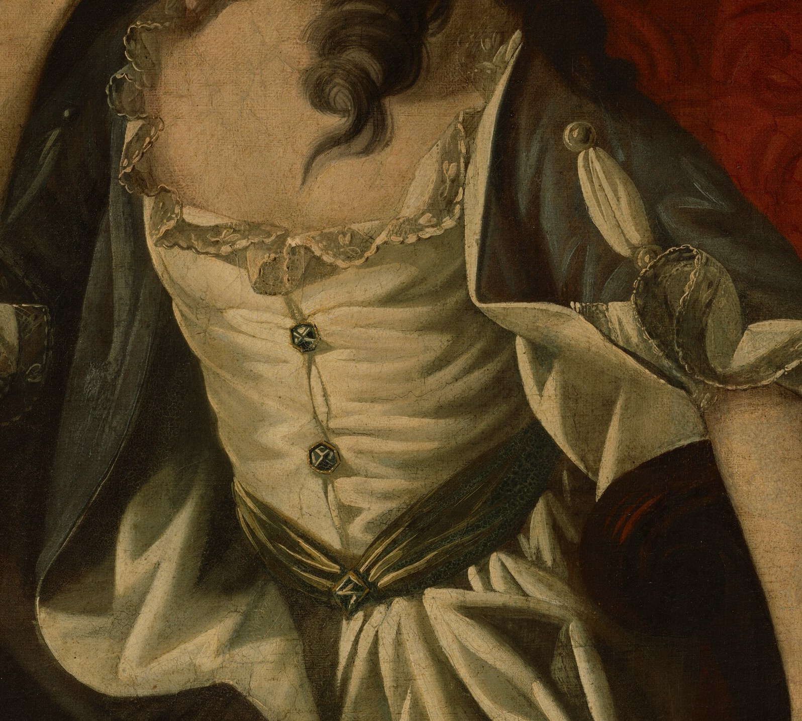 The draped blue shawl adds a touch of color and depth, highlighting the texture of the fabric and the sitter's form.