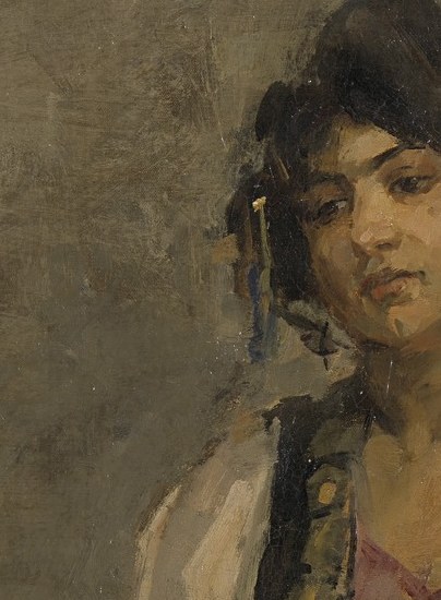 Her gaze suggests focus on her performance.