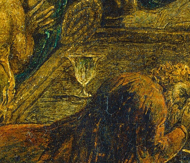 Another figure, barely visible, seems to listen intensely.