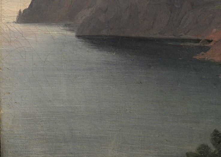 Still water contrasts the rough cliff; its darkness absorbs light rather than reflecting it, reinforcing the cliff's dominance and the Mediterranean mood