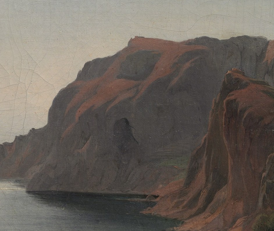 A virtuoso technique passage: Benouville renders warm vertical striations and erosion channels in the rock using dry, varied brushwork that gives the stone material weight