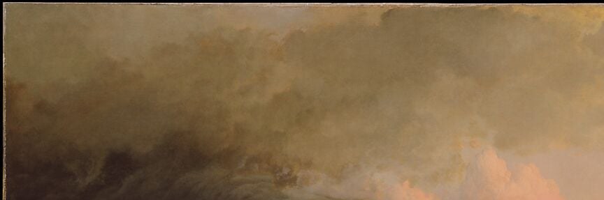 The lowering sky mirrors the danger below; Bradford creates a ceiling of threat that amplifies the vessel's vulnerability