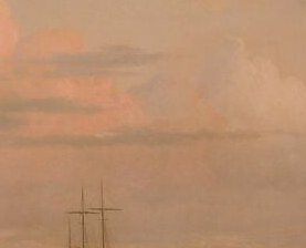 The entire human enterprise reduced to a fragile speck between wall of ice and storm cloud , the painting's emotional argument in miniature