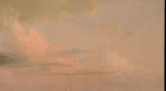 The only warmth in the scene , Bradford's luminist signature, using sunset radiance to contrast with frozen cold and suggest distant, unreachable safety