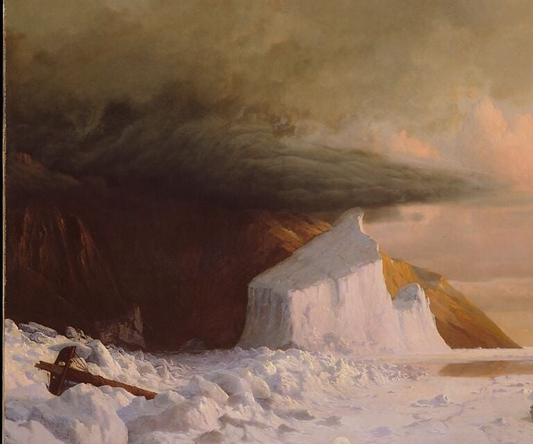 The composition's protagonist , its sheer scale and blue-white mass reduces the ship to a splinter, embodying the Arctic's indifferent power