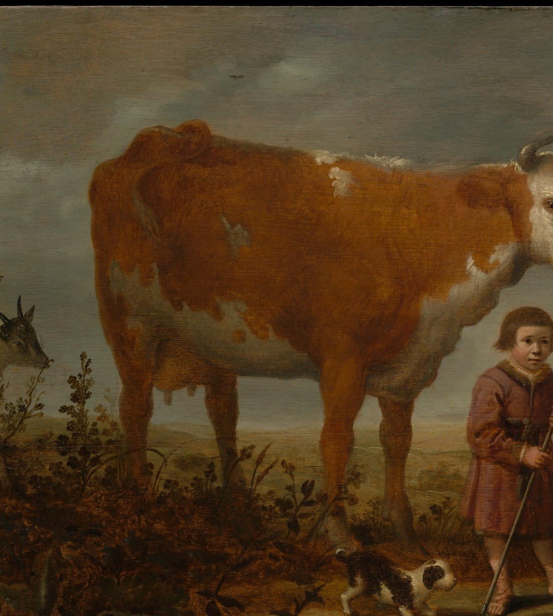The cow's warm chestnut coat and massive bulk dwarf the children, making the scale contrast between animal and youth the painting's visual anchor
