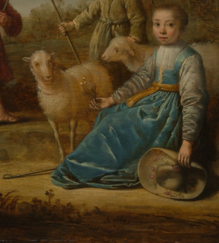 The girl's tender embrace of the lamb is the painting's most intimate gesture , gentleness personified at the lower-right anchor