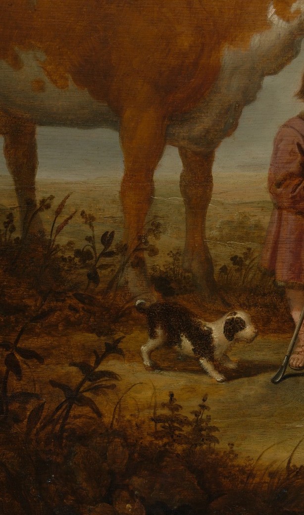 His upright stance and stick suggest a young herder asserting gentle authority over the animals , a rite of pastoral childhood