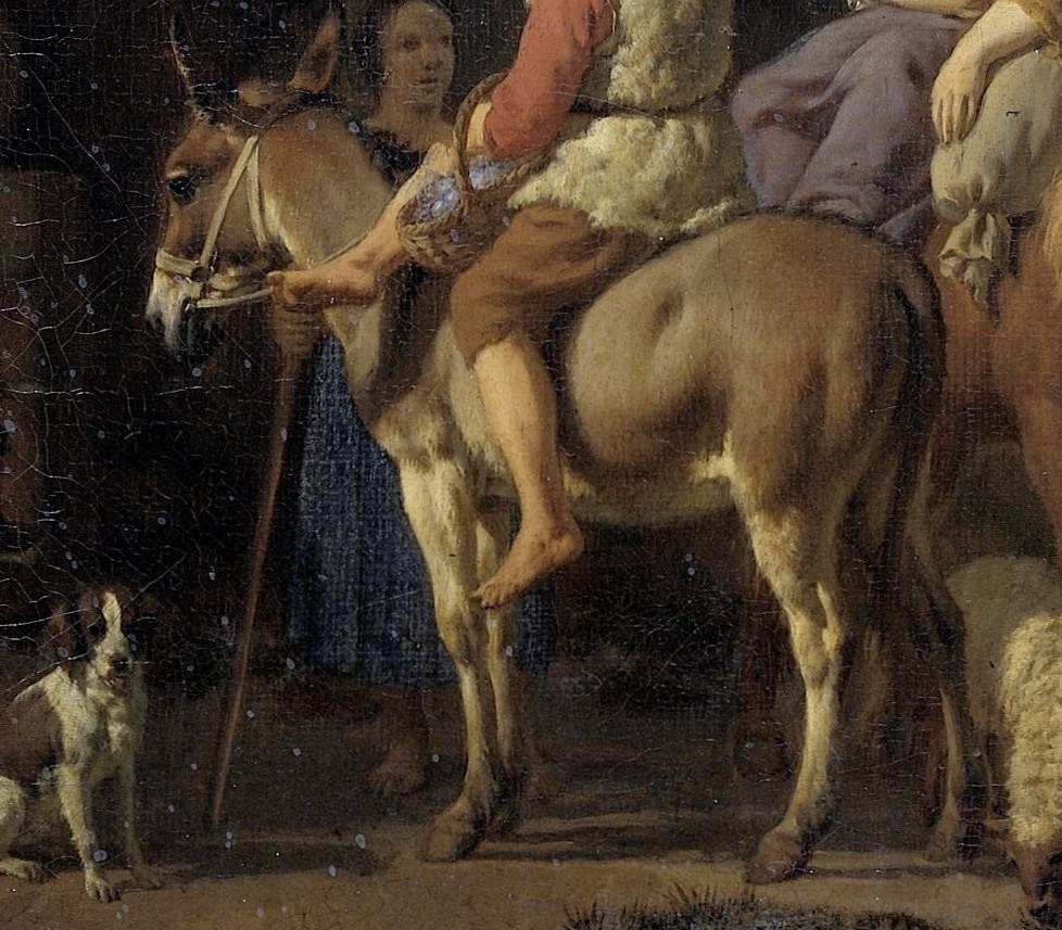 The donkey's sturdy form and patient demeanor underscore the theme of humble, reliable labor.