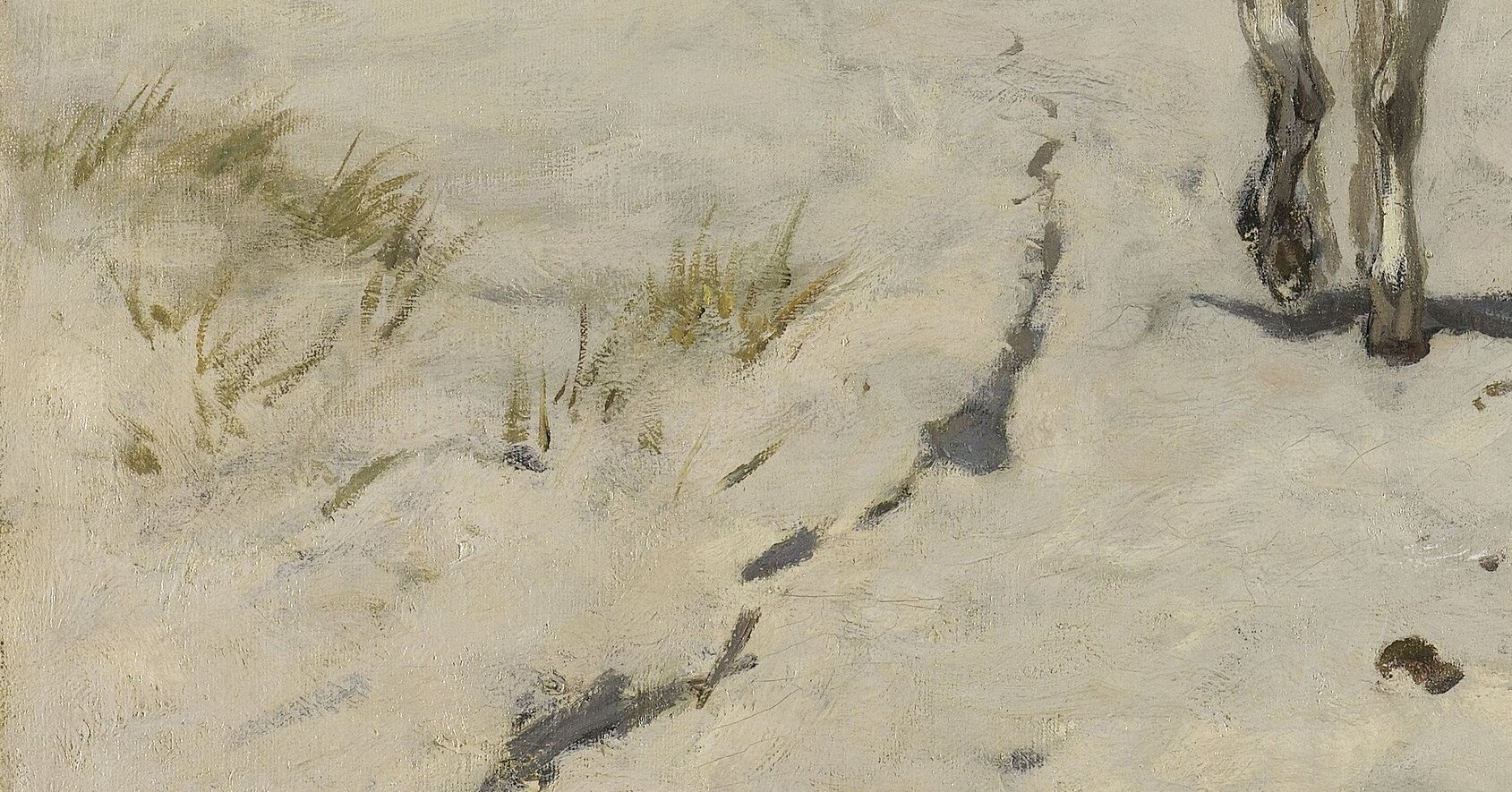 Mauve's gestural, almost calligraphic strokes are most legible here , the grass passage is the clearest window onto his impressionist touch