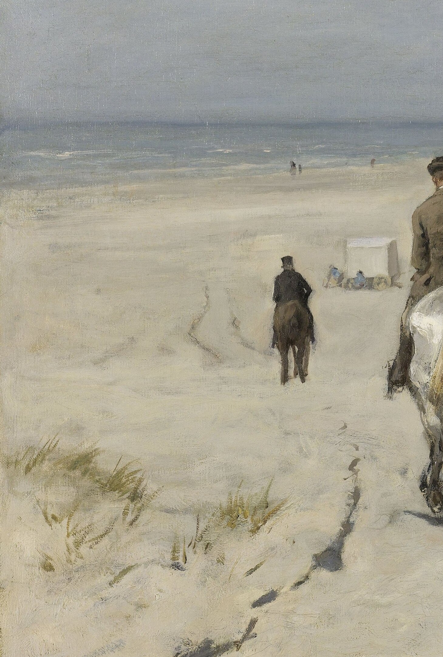 The luminous white horse is the painting's brightest focal point; the rider's upright posture and probable side-saddle position signals bourgeois female leisure