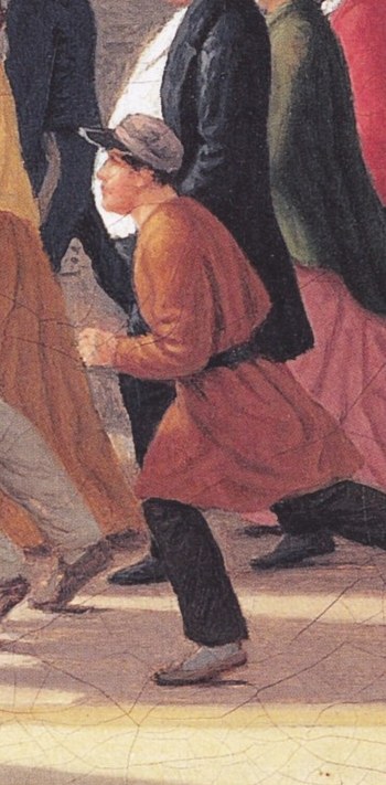 A boy in orange leads the charge, full of energy.