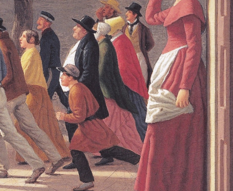 Beyond, figures run on a bright, checkerboard floor.