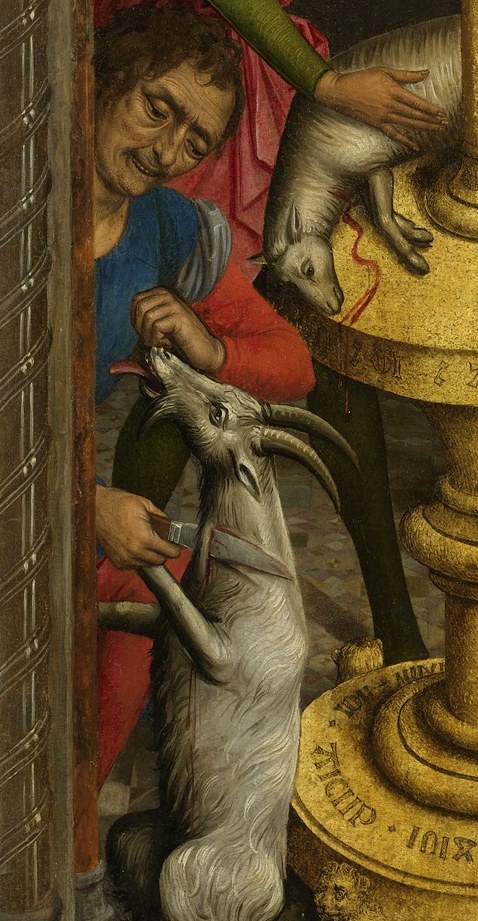 The animal's distress highlights the violent nature of the ritual.