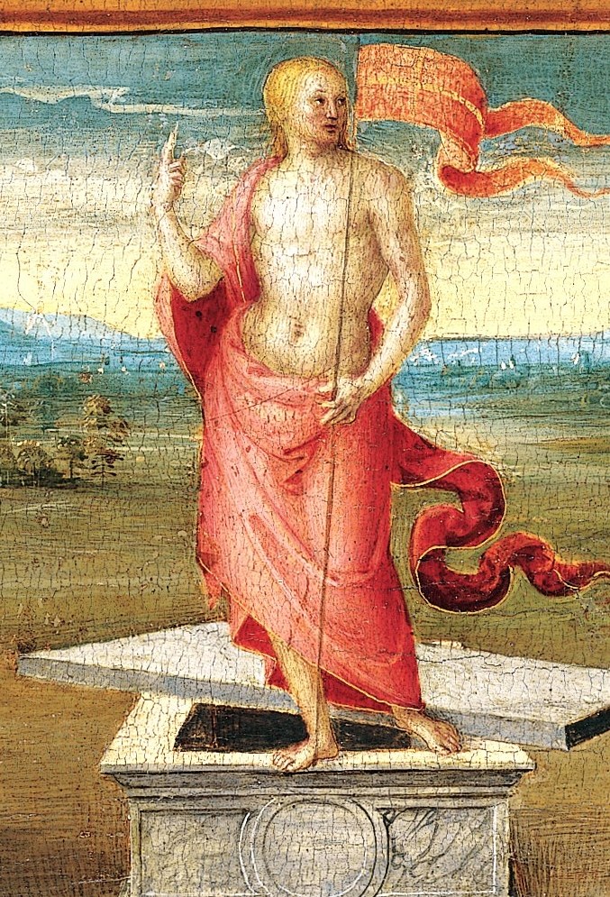 The compositional axis of the entire painting; the white robes contrasted against the red mantle create the dominant visual event and embody the moment of divine emergence.
