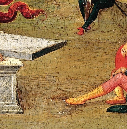 Around him, four soldiers collapse, crouch, or stare.