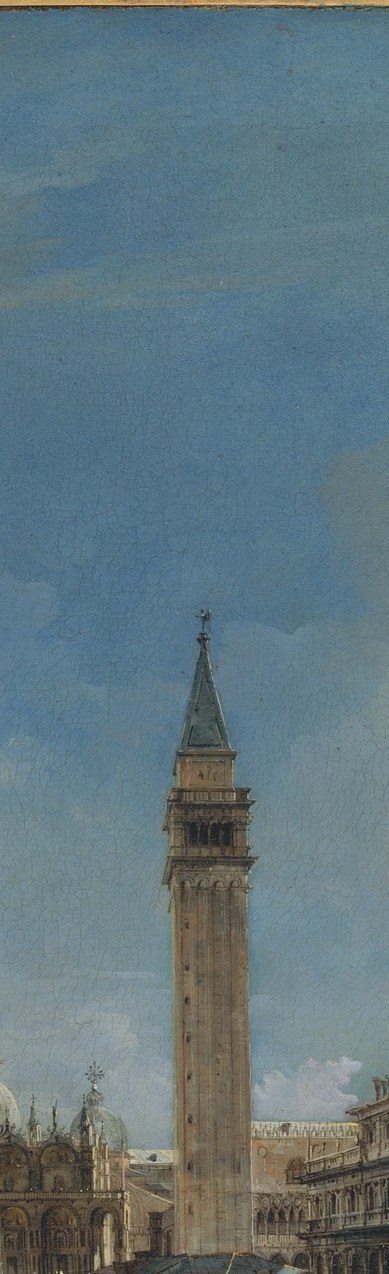 The vertical axis of the entire composition; its full height from pavement to belfry dramatizes Venetian civic pride and anchors every other element in space.
