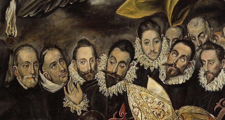 The mourners’ black robes signify grief and earthly status.