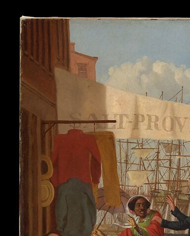 Establishes the urban American port setting , a working waterfront, not a picturesque fantasy; the architecture dates the scene precisely to mid-19th century