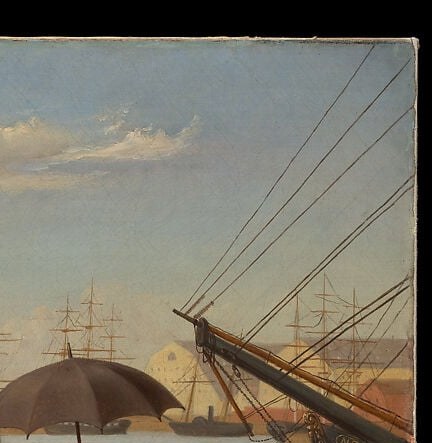 The literal source of the story , the ships the sailor just left; their vertical lines echo the standing figures and remind us the sea is never far