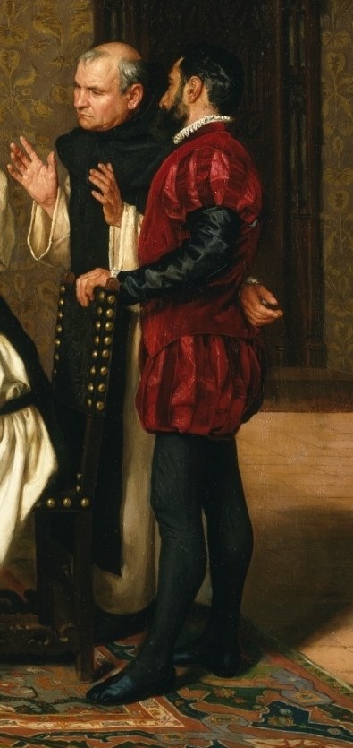 A secular man watches, dressed in rich red.
