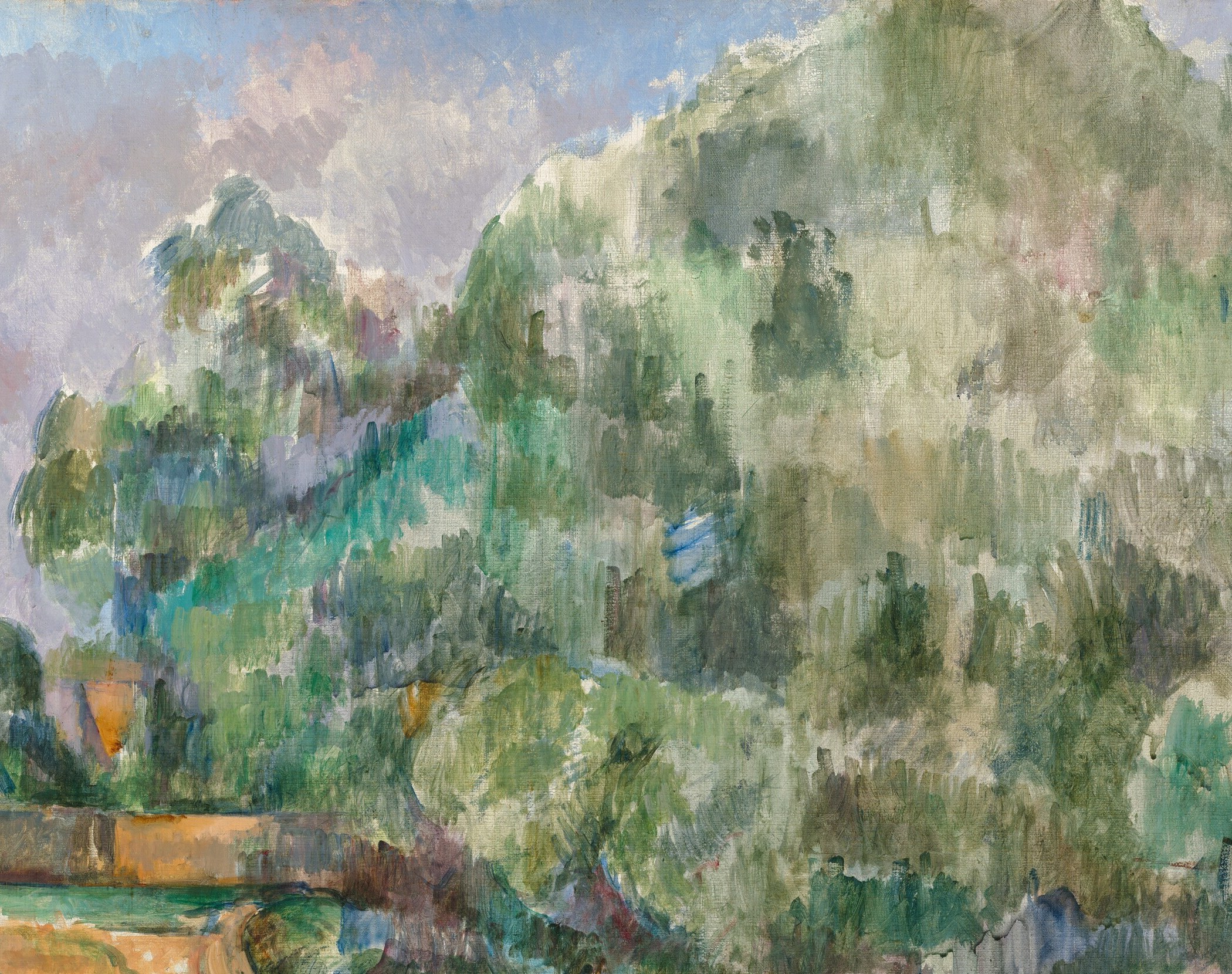 The compositional anchor; its dissolving leafy edges against pale sky are the painterly event Cézanne choreographed the entire canvas around