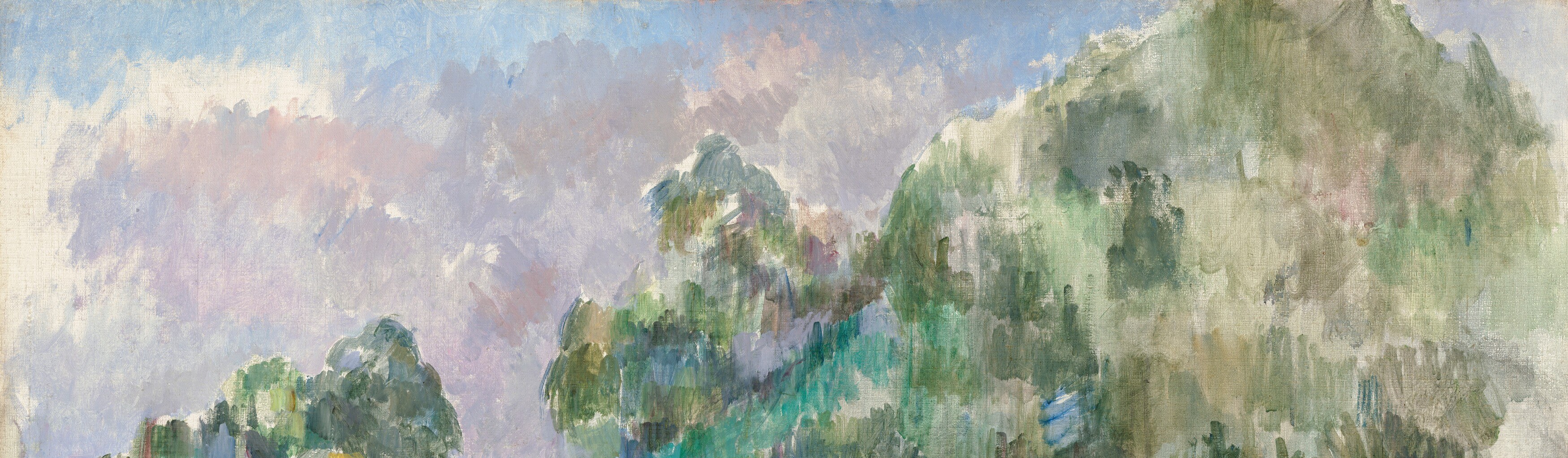Cézanne pushes the sky to a cool lavender rather than pure blue, subtly charging the atmosphere with an almost twilight quality despite apparent midday light