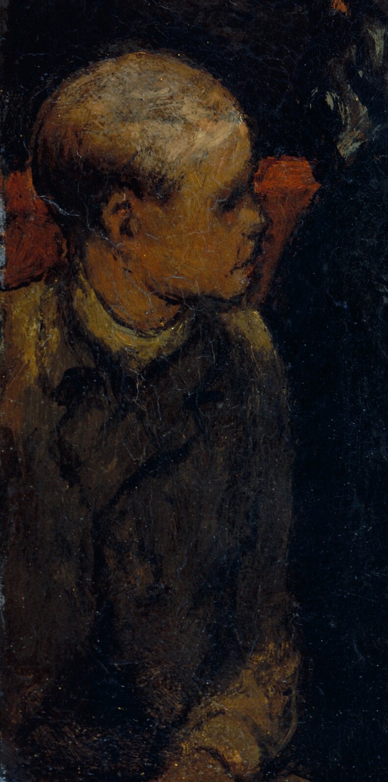 His presence suggests a range of ages attending, and his slightly turned head hints at a youthful curiosity.