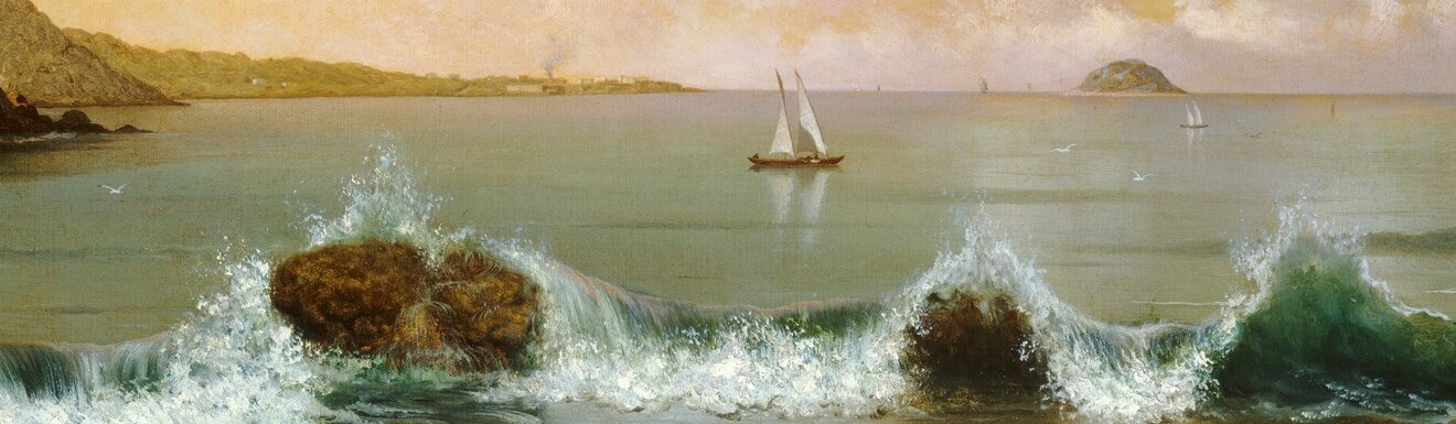 Dynamic foamy surf directly opposed to the mirror-calm bay behind it; Heade painting both moving and still water in one frame is a technical statement.