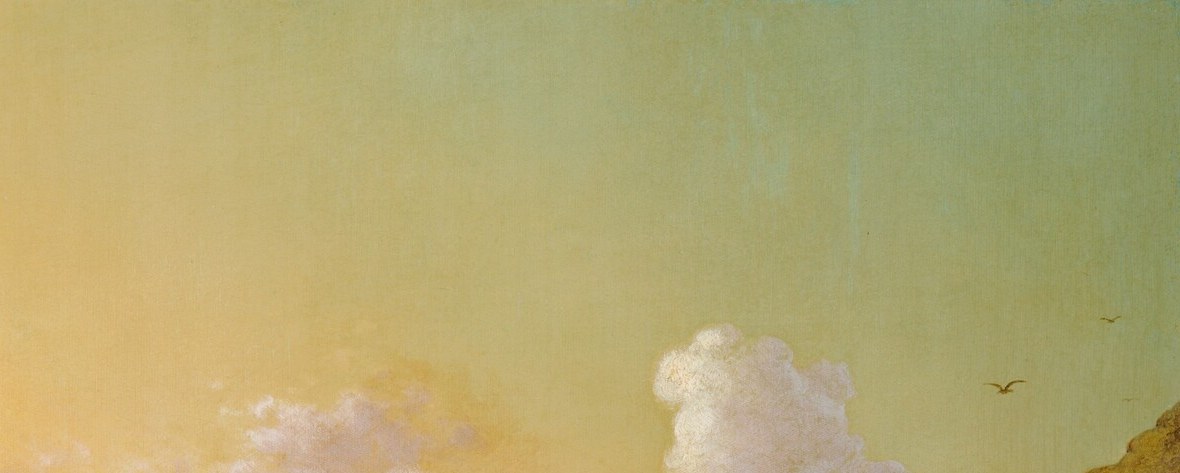 The painting's dramatic counterweight to the glassy water below; luminously lit and high-contrast, they anchor the Luminist tension between turbulence and stillness.