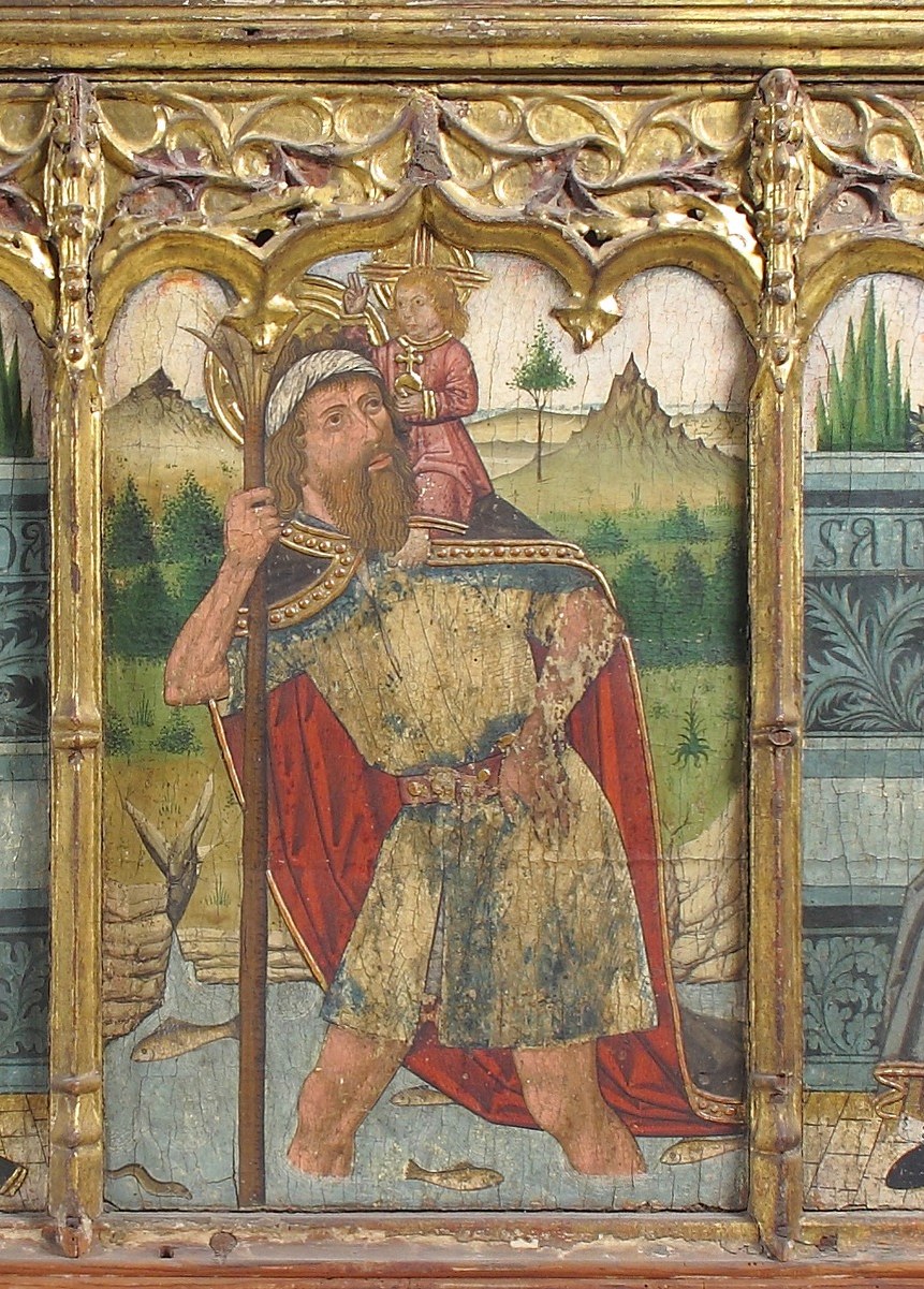 At the center, Saint Christopher wades through a river.