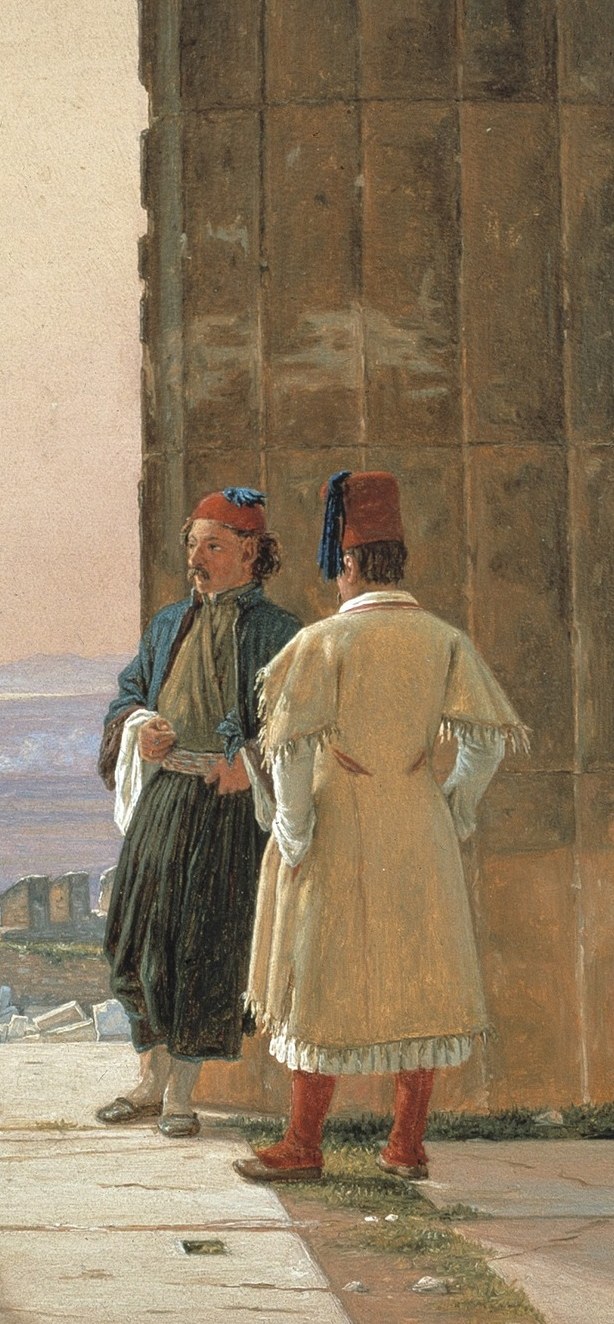The pivot of the group , he faces the left figure in conversation, making this a human scene not just an architectural study; Rørbye insists the living Greeks are as important as the ruins they inhabit.