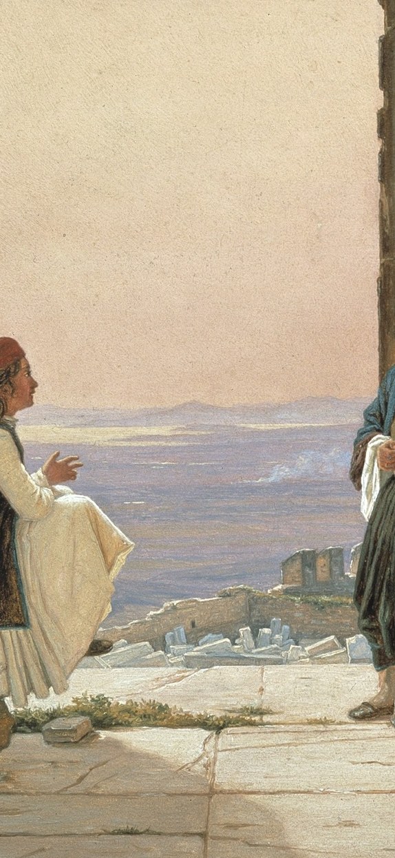 The leftmost figure stands slightly apart from the other two, his posture suggesting contemplation of the view; his dark military-style jacket against a white fustanella marks him as a Greek in the post-independence era, a living symbol placed beside the ancient monument.