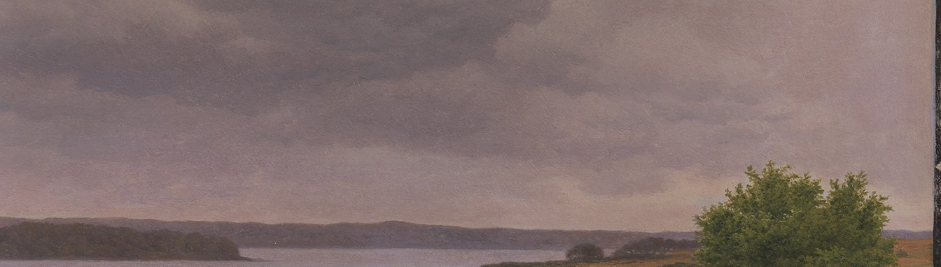 The painting's titular subject , the lake's calm silver surface contrasts with the dramatic sky above and draws the eye deep into the composition