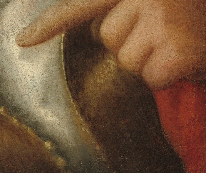The tutor guides his hand, pointing to a scroll.