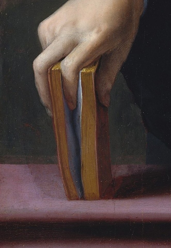 Notice the book he holds, marking a page as if interrupted.