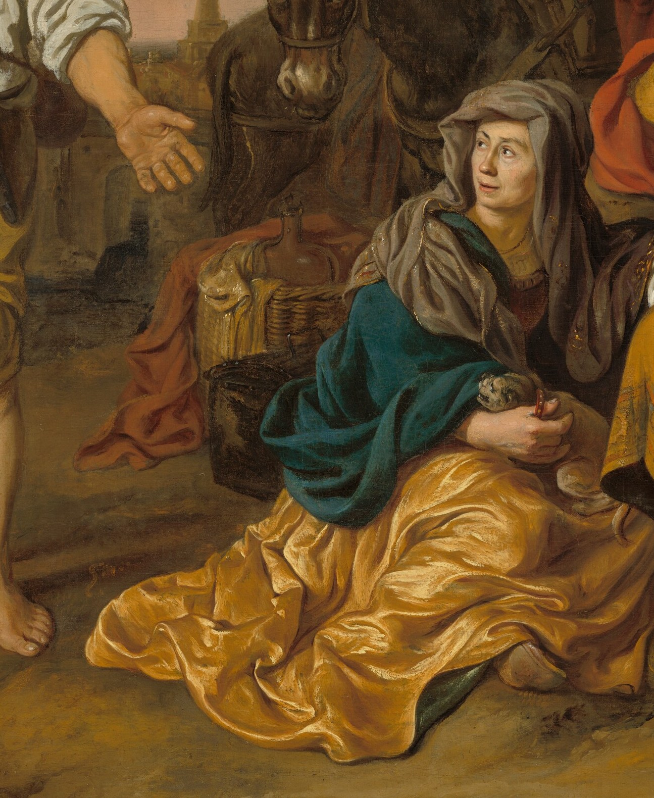 Her downcast eyes and huddled posture suggest fear or resignation, a stark contrast to the Levite's open gesture.