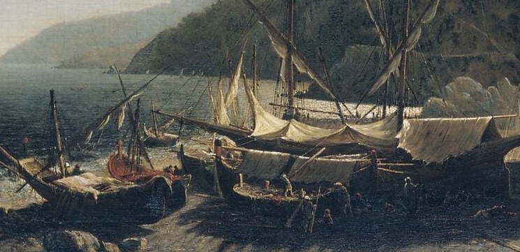 The dominant compositional anchor; its furled sail and tilted hull recall Claude Lorrain's harbor arrangements , this is where Brown earned his nickname