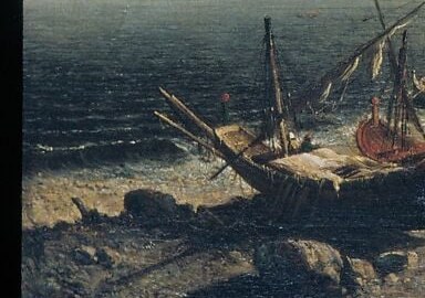 Frames the left edge and establishes scale; wear-worn hull texture is one of the painting's richest surface passages