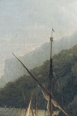 Vertical spike that bisects sky and cliff, a classic repousoir device Brown used to lead the eye from water to mountain